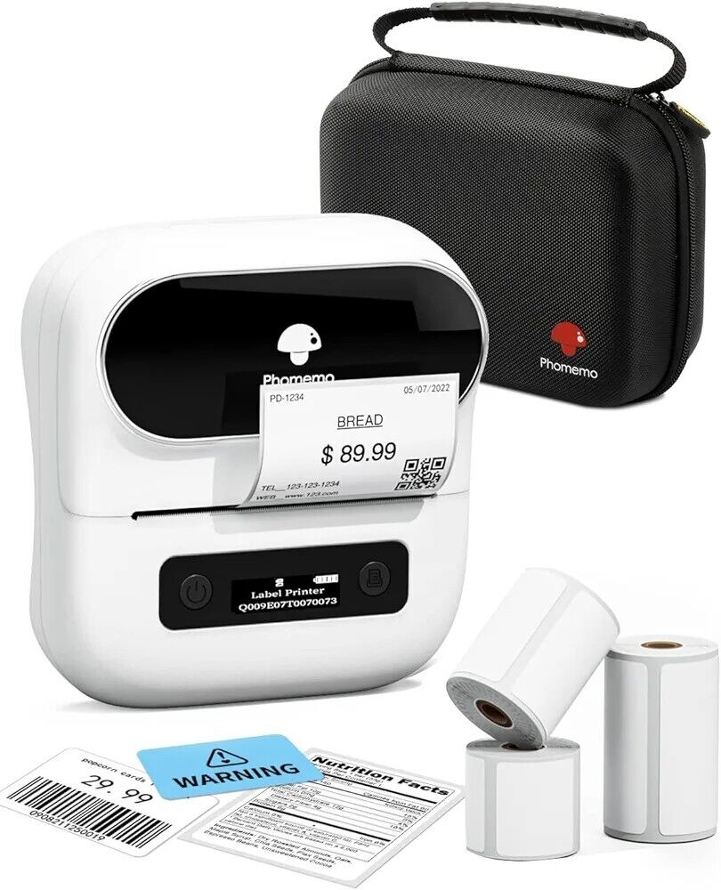 Phomemo M220 portable barcode printer with label rolls and protective case for efficient labelling