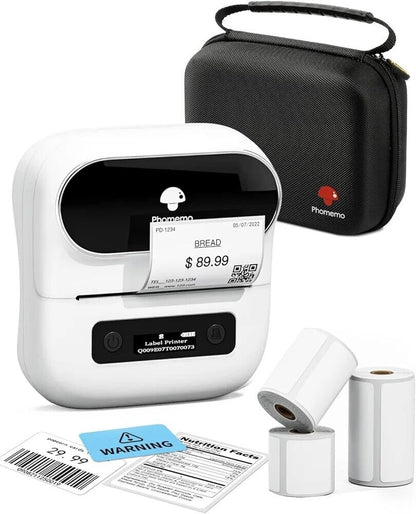 Phomemo M220 portable barcode printer with label rolls and protective case for efficient labelling