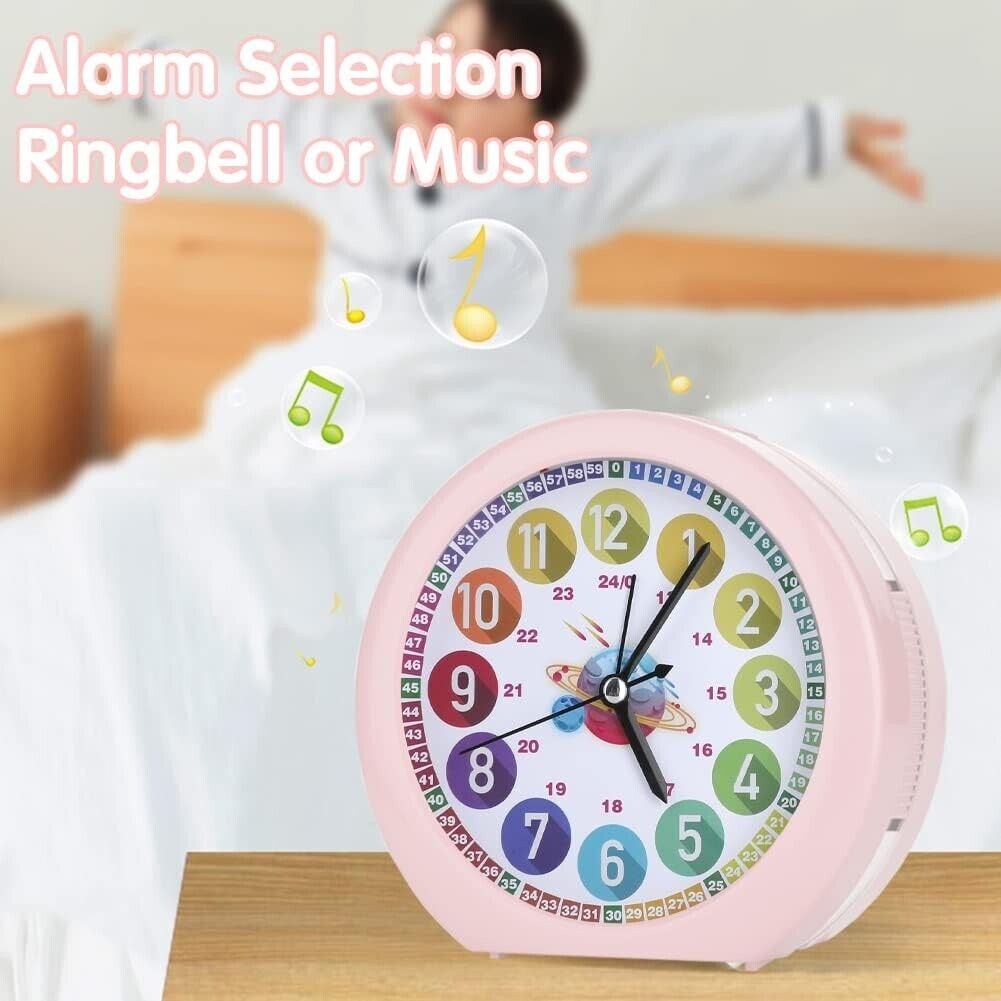 Pink alarm clock with musical alarm options and colourful number display for easy readability