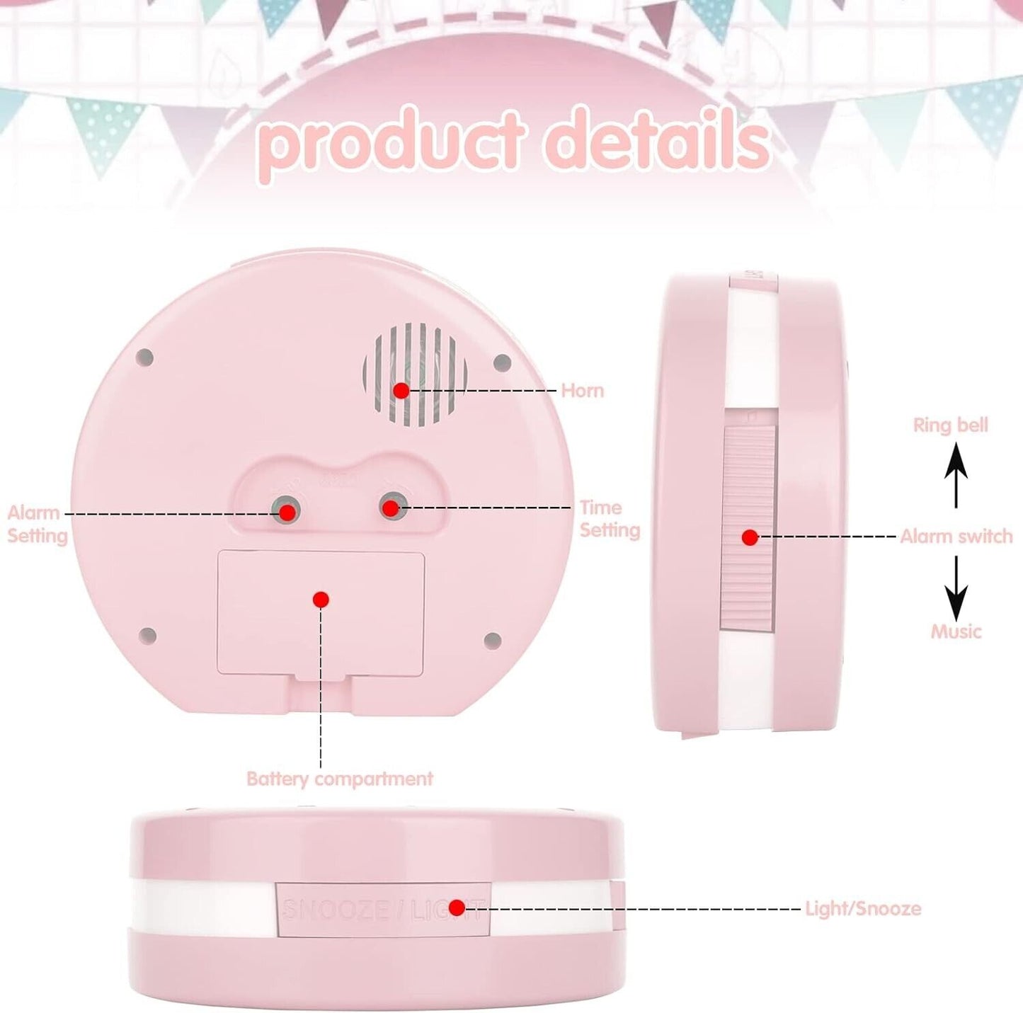 Pink alarm clock with time and alarm settings, snooze feature, and battery compartment