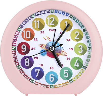 Colourful pink alarm clock with large numbers and planet design for easy time reading