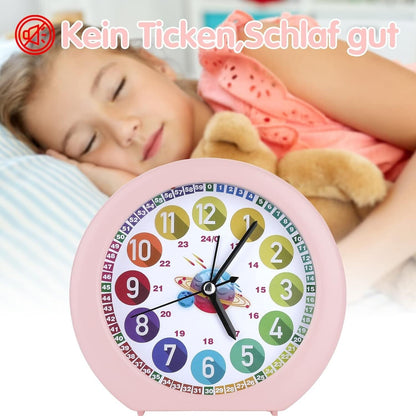 Cute pink alarm clock designed for children, featuring colourful numbers and easy-to-read face