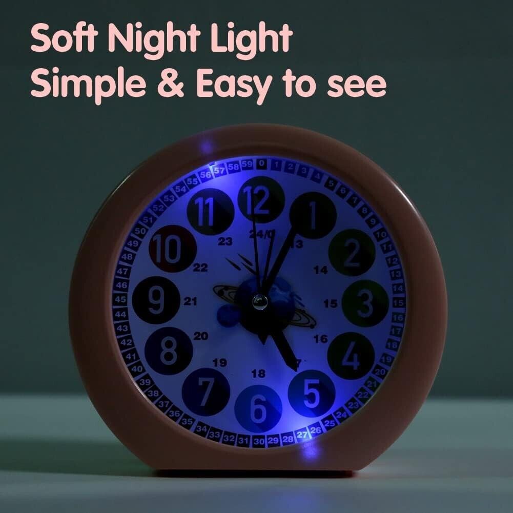 Pink alarm clock with soft night light and clear, easy-to-read display for better visibility
