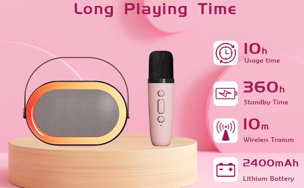 Pink Bluetooth karaoke machine featuring a microphone and lengthy battery life for endless singing fun