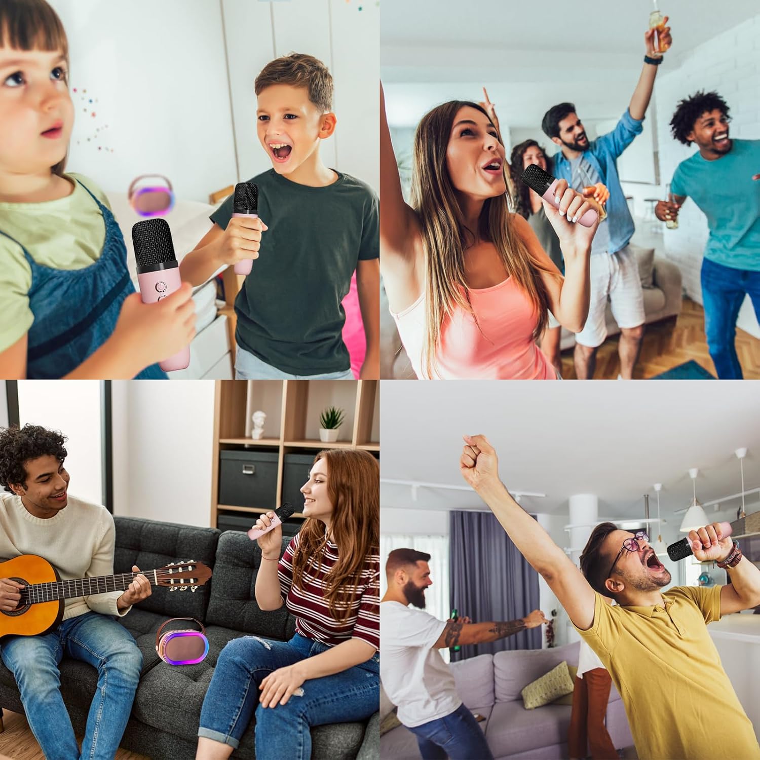 Kids singing with a pink Bluetooth karaoke machine at a fun party with friends