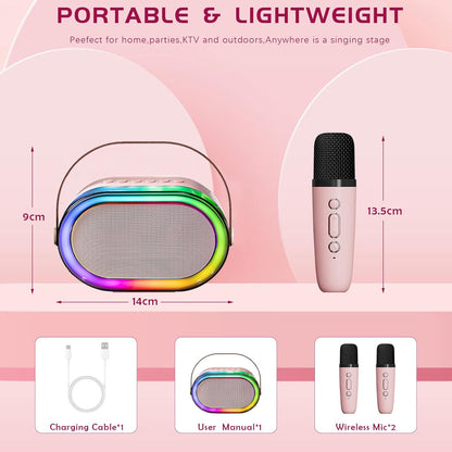 Portable pink Bluetooth karaoke machine with wireless microphones and colourful lights for outdoor fun