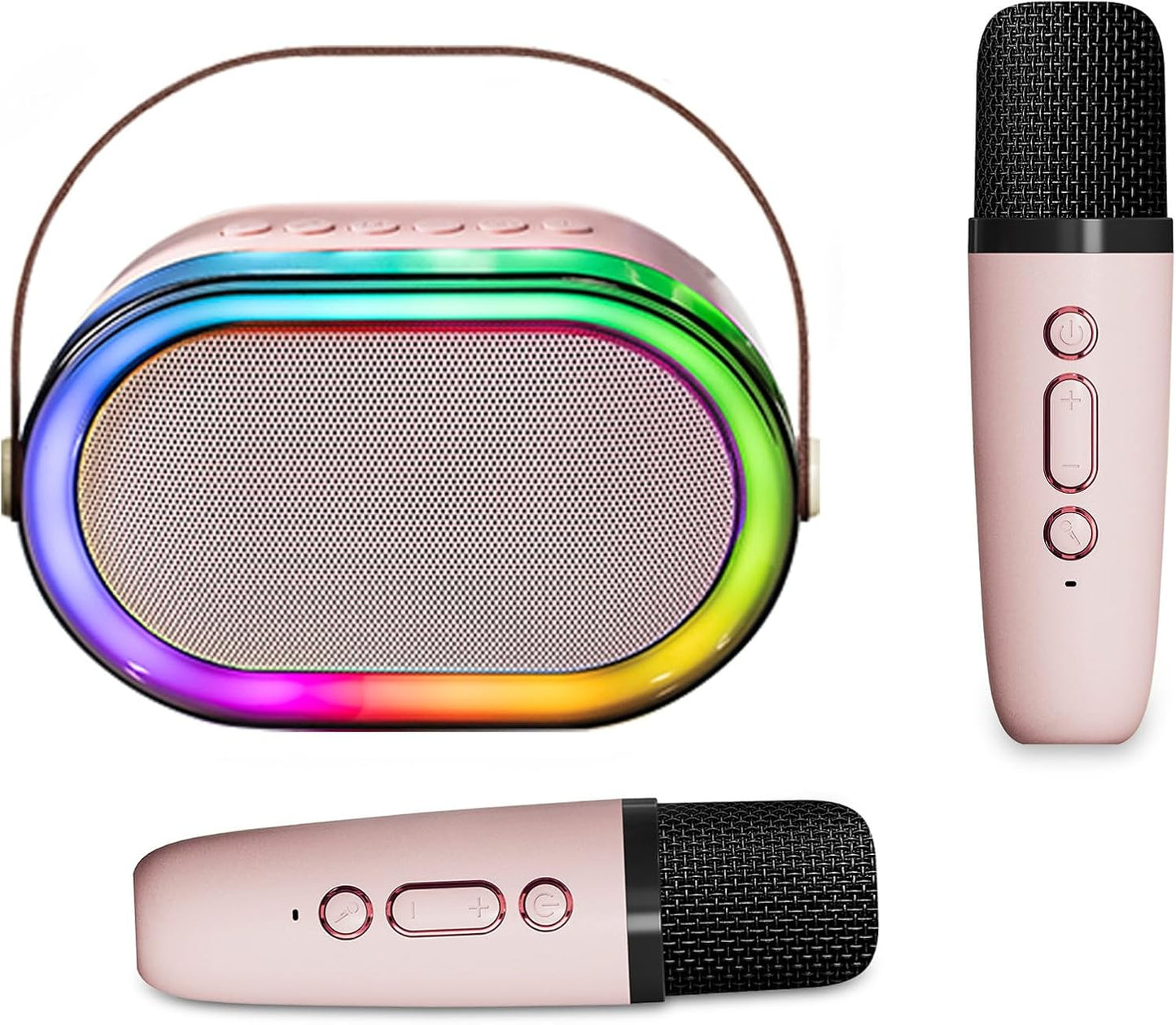 Pink Bluetooth karaoke machine with colourful lights and wireless microphone for fun singing sessions
