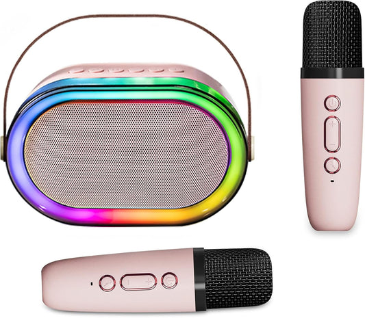 Pink Bluetooth karaoke machine with colourful lights and wireless microphone for fun singing sessions