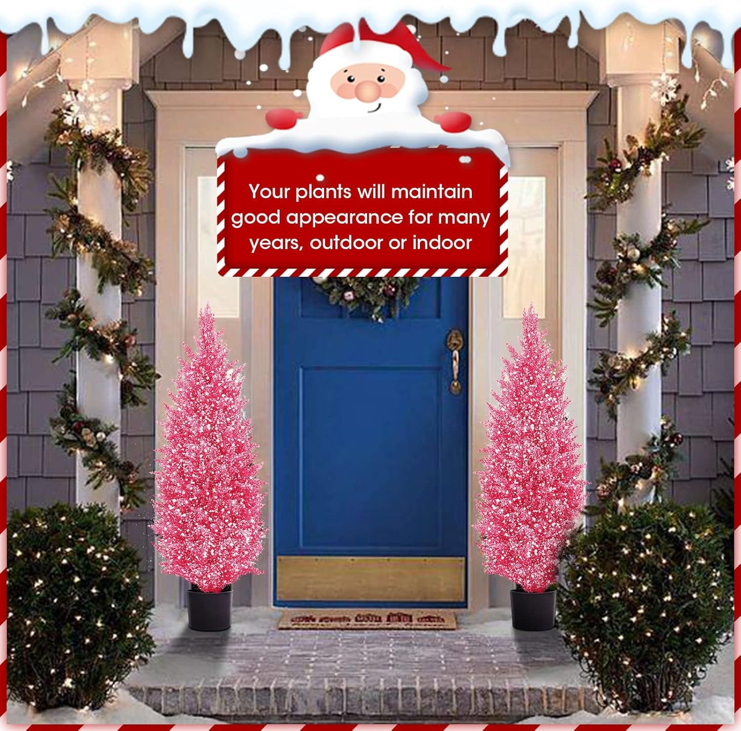 Two pink Christmas tree decorations flanking a festive front door, perfect for holiday cheer