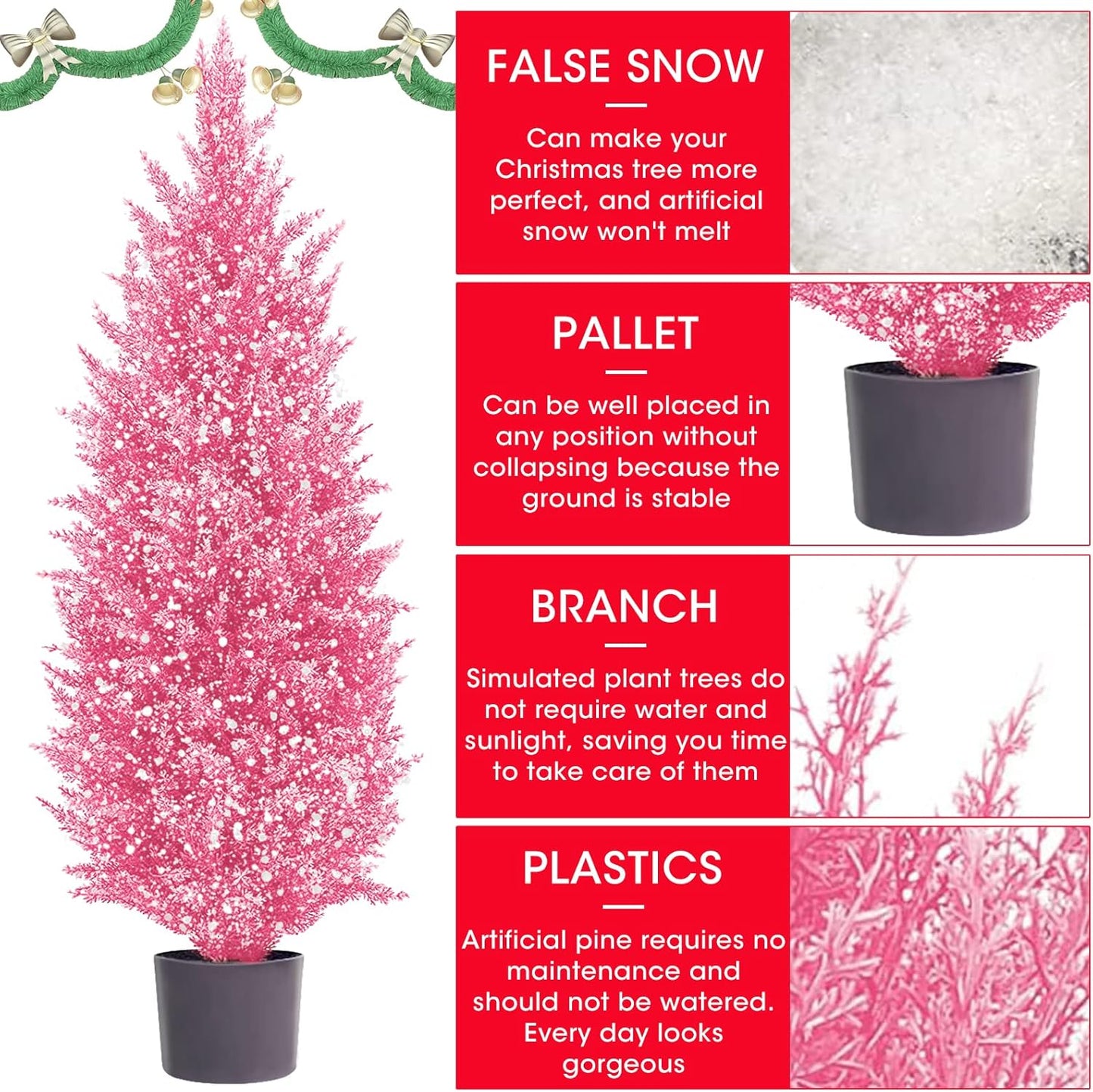 Oliya pink Christmas tree decoration with faux snow and a sturdy base for festive cheer