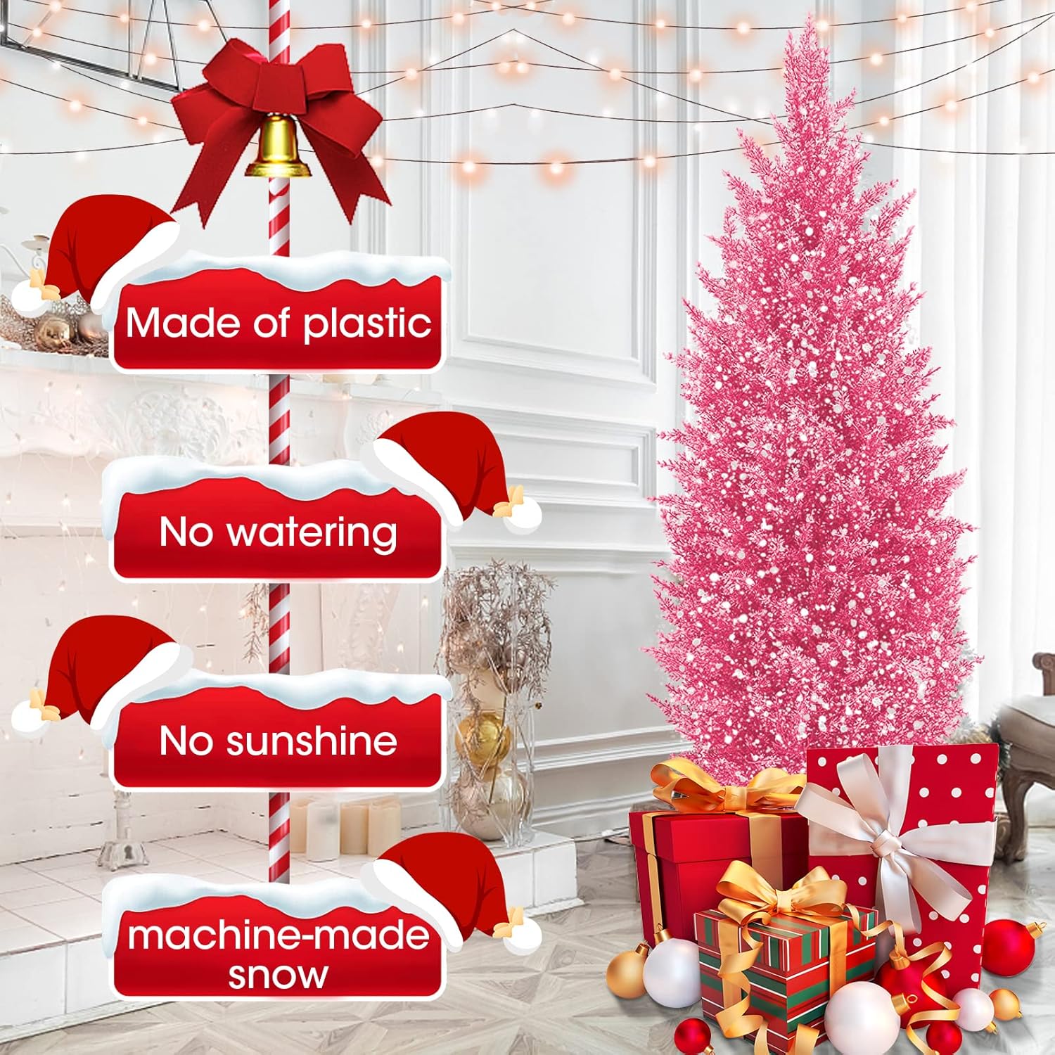 Oliya pink Christmas tree decoration featuring a vibrant, artificial design with festive presents and decorations