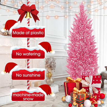 Oliya pink Christmas tree decoration featuring a vibrant, artificial design with festive presents and decorations