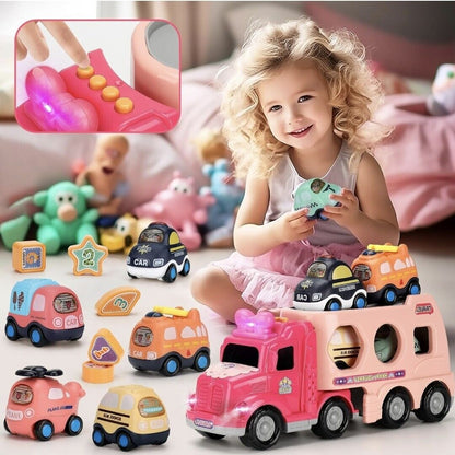 Bright pink truck toy for girls with lights and sound, featuring mini cars and playset for imaginative fun