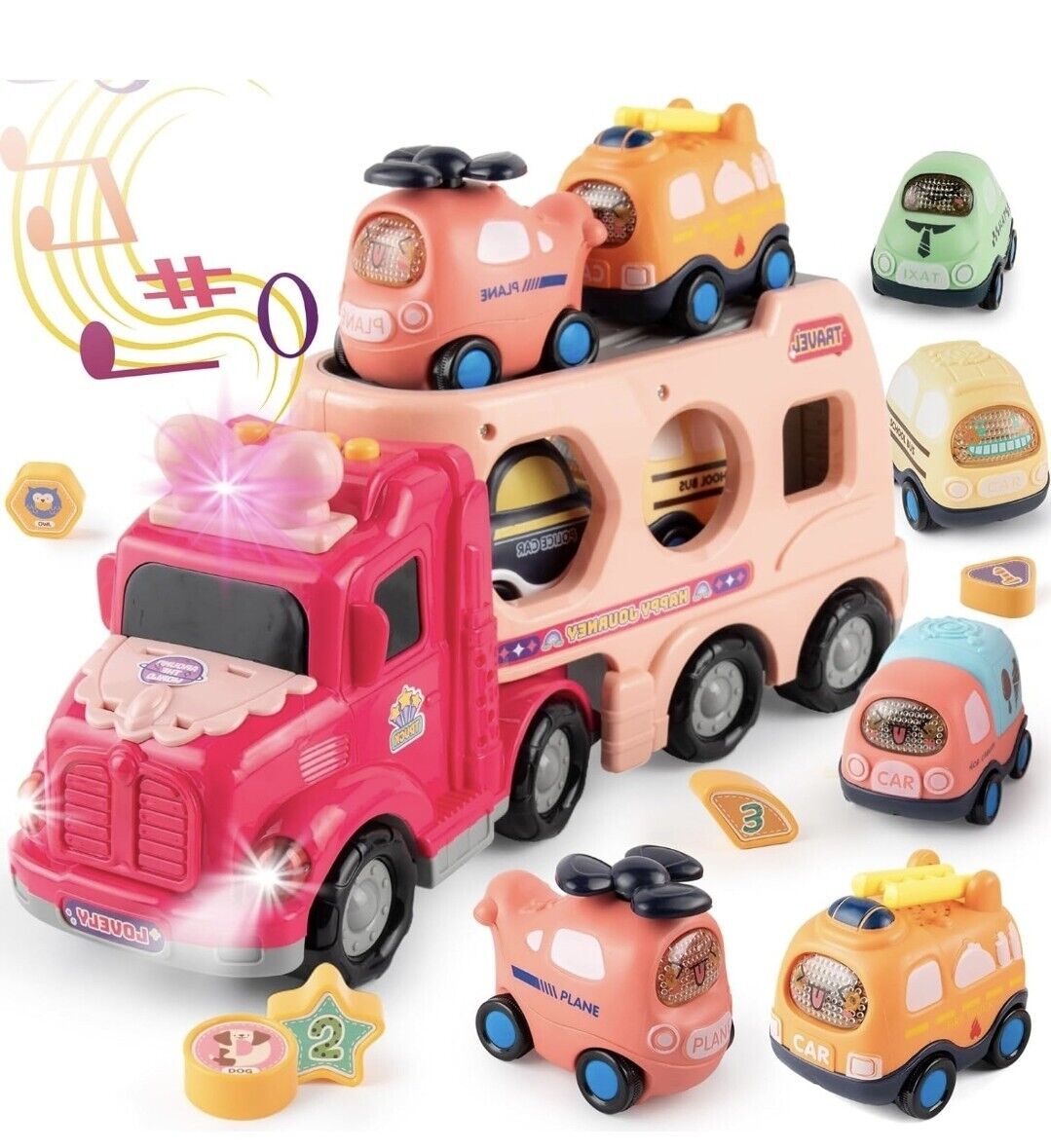 Bright pink truck toy for girls with stacking vehicles and musical features for imaginative play