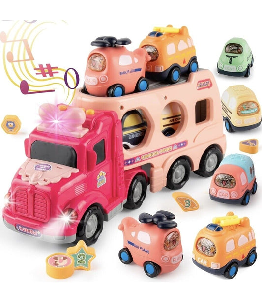 Bright pink truck toy for girls with stacking vehicles and musical features for imaginative play