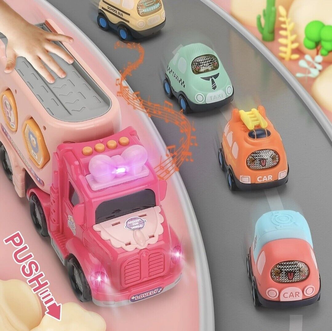 Bright pink truck toy for girls with cute design driving alongside colourful toy cars on a play mat