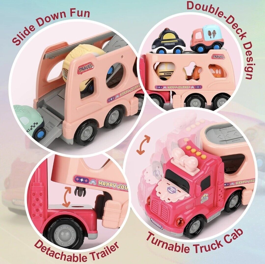 Pink truck toy for girls featuring a double-deck design and detachable trailer for fun playtime adventures