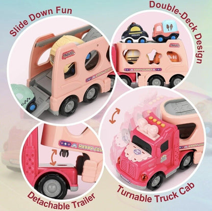 Pink truck toy for girls featuring a double-deck design and detachable trailer for fun playtime adventures