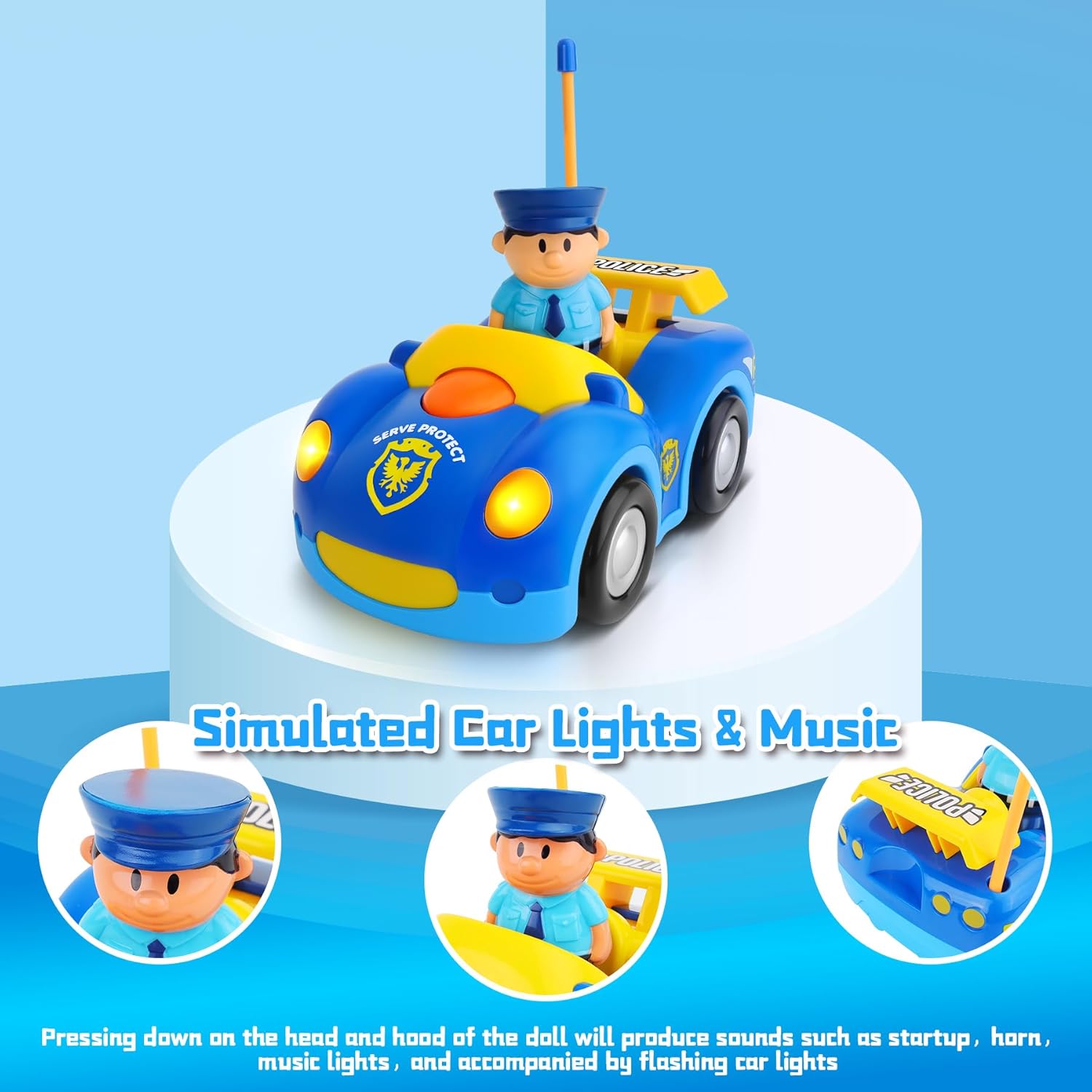 Zendstanding police remote control car for kids with lights, sounds, and a playful police figure