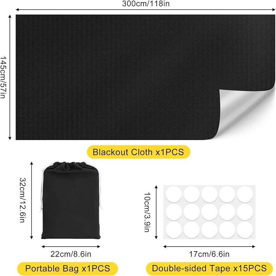 Portable blackout blind set including blackout cloth, storage bag, and double-sided tape for easy installation