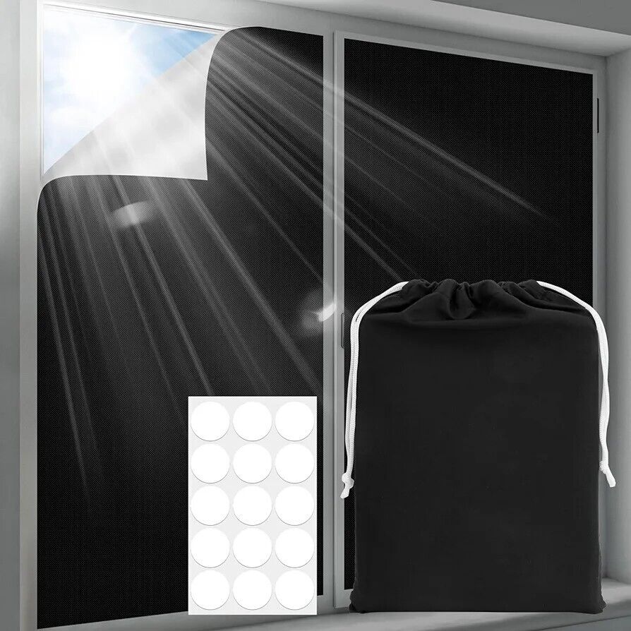 Portable blackout blind with adhesive attachment for easy installation and a drawstring storage bag