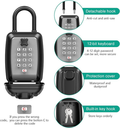 Portable key lock box with a detachable hook, 12-bit keyboard and waterproof cover for secure storage