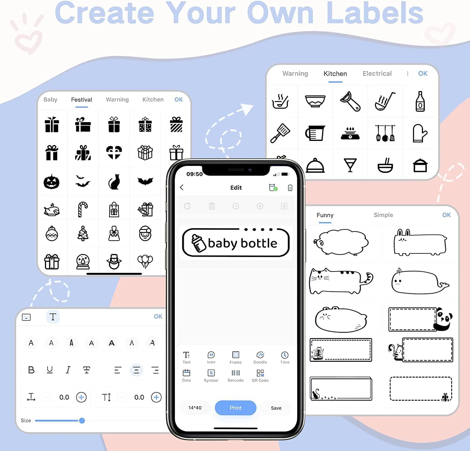 Clabel portable label maker interface displaying label design options and templates for customised labels
