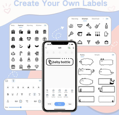 Clabel portable label maker interface displaying label design options and templates for customised labels