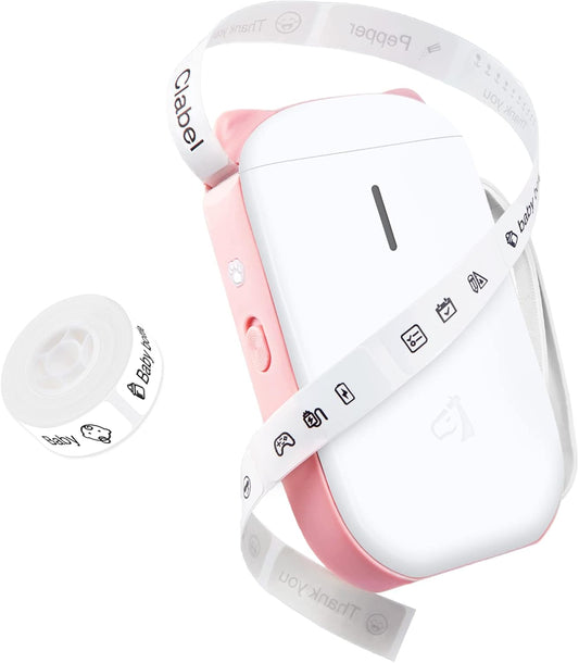 Clabel portable label maker in pink and white with label tape for easy organisation