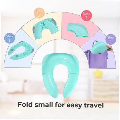 Portable potty training seat for toddlers, folds small for easy travel, ideal for parents on the go