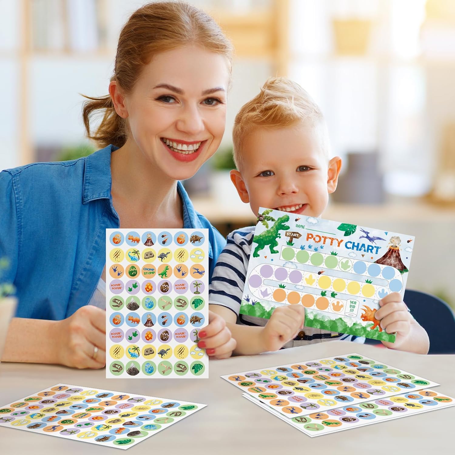 WERNNSAI potty training chart for toddlers with stickers held by a smiling mother and child at a table