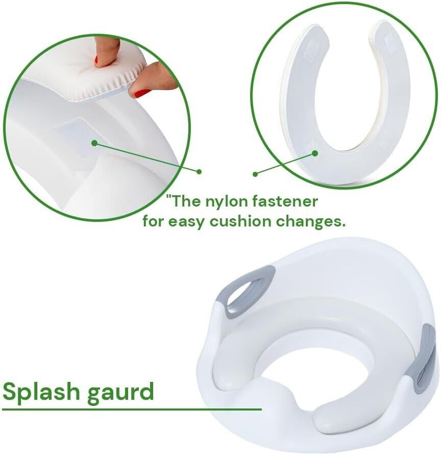 Ackley potty training seat with handles featuring a splash guard and easy cushion changes
