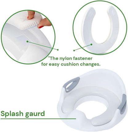Ackley potty training seat with handles featuring a splash guard and easy cushion changes
