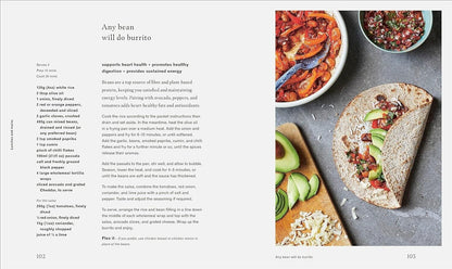 Open page of a pregnancy nutrition book featuring a bean burrito recipe with fresh ingredients