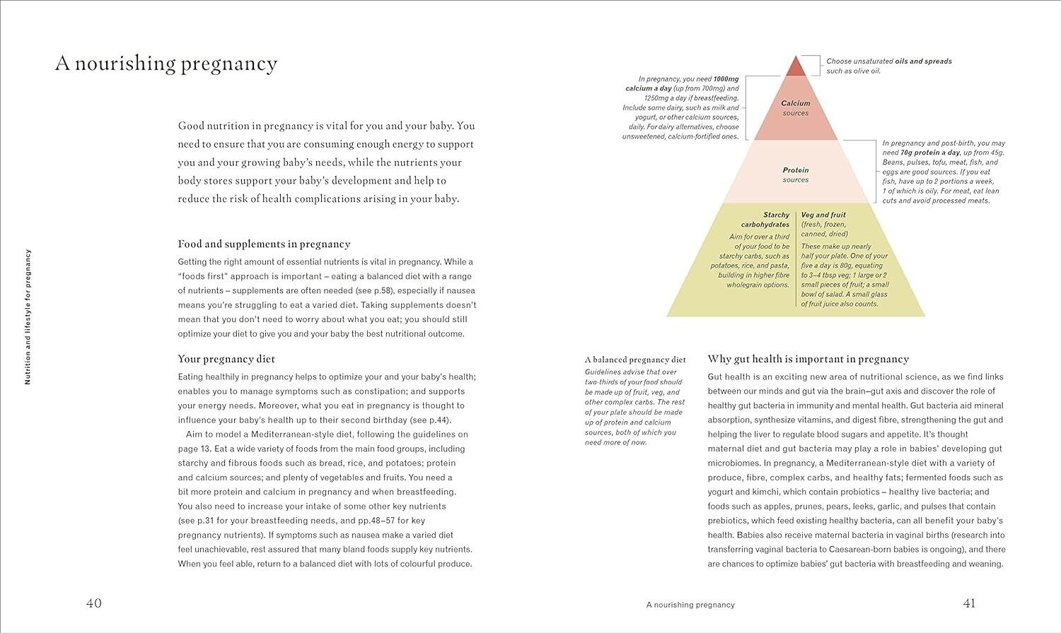 DK pregnancy nutrition book pages featuring dietary information and food pyramid for expectant mothers