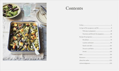 Contents page from a pregnancy nutrition book featuring a healthy meal and a salad on a dining table