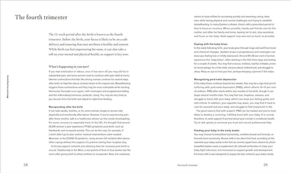 DK pregnancy nutrition book pages detailing the fourth trimester and maternal health tips