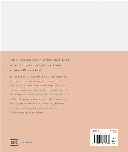 Back cover of the DK pregnancy nutrition book showcasing dietary advice and recipes for expectant mothers