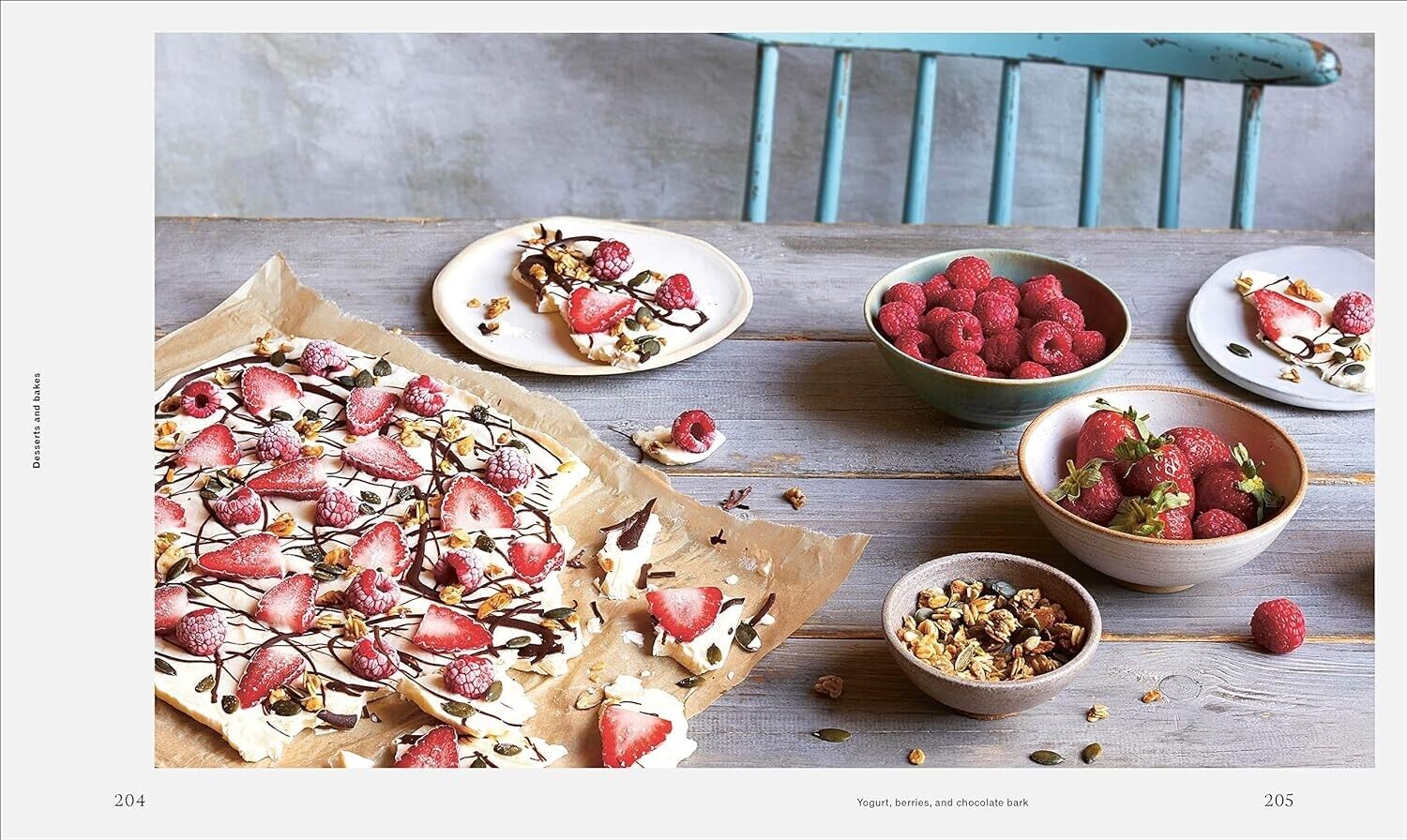 Pregnancy nutrition book featuring healthy dessert recipes with strawberries and raspberries on a kitchen table