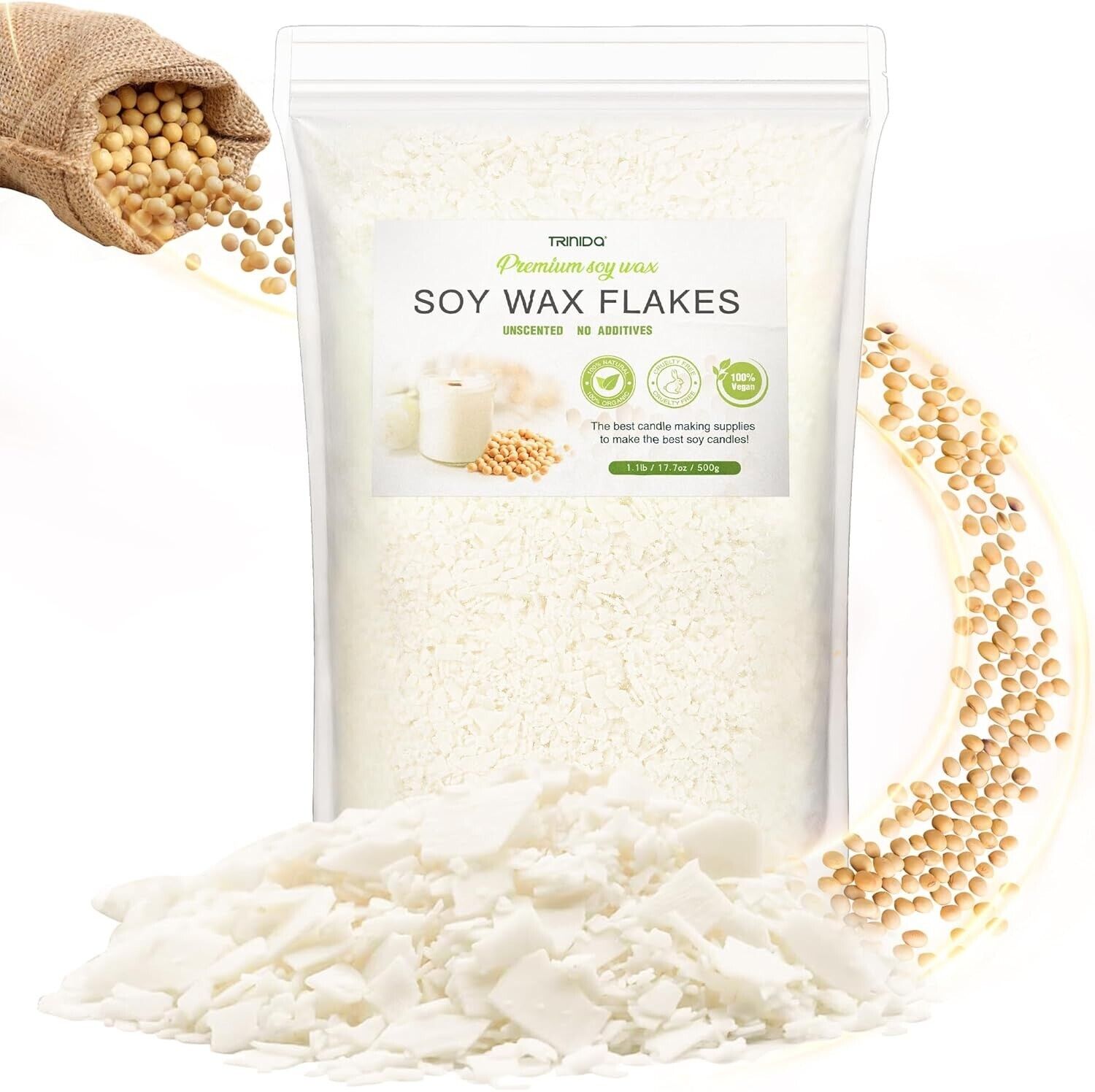 Premium soy wax flakes for candle making from The Trading Warehouse in a resealable bag