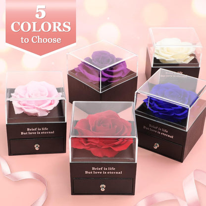 Hnustbo preserved real rose with mum necklace gift in five elegant colour options displayed in clear boxes
