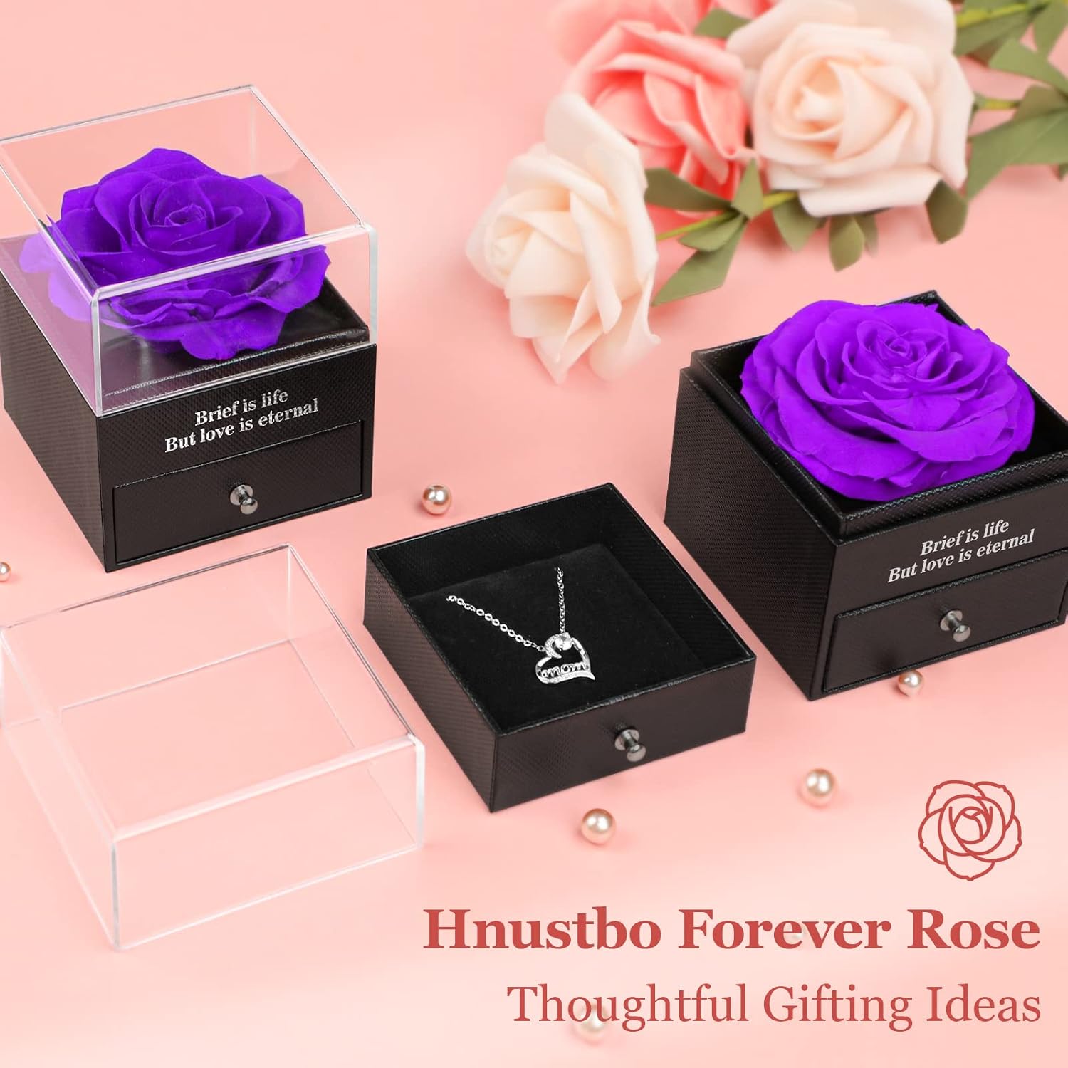 Hnustbo preserved real rose with mum necklace gift in elegant display boxes, perfect for special occasions