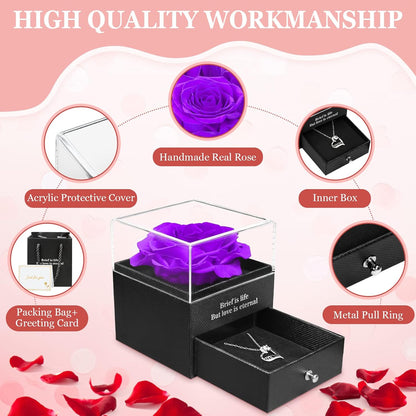Hnustbo preserved real rose with mum necklace gift in elegant display box with protective cover