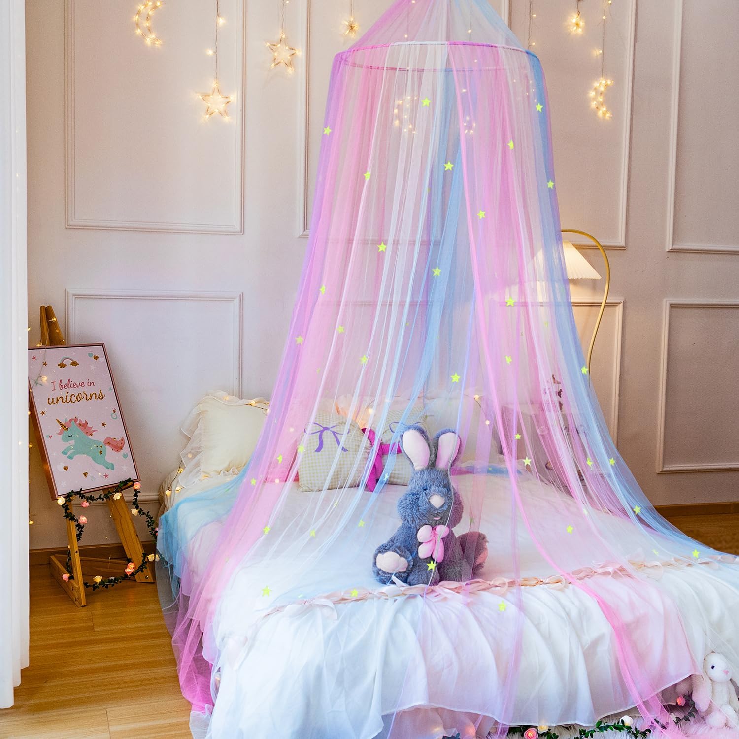 Wnqou princess rainbow bed canopy with pastel colours and star decorations for a whimsical bedroom design