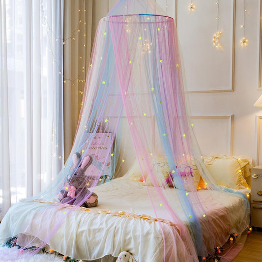 Princess rainbow bed canopy featuring colourful tulle and fairy lights for a magical bedroom atmosphere