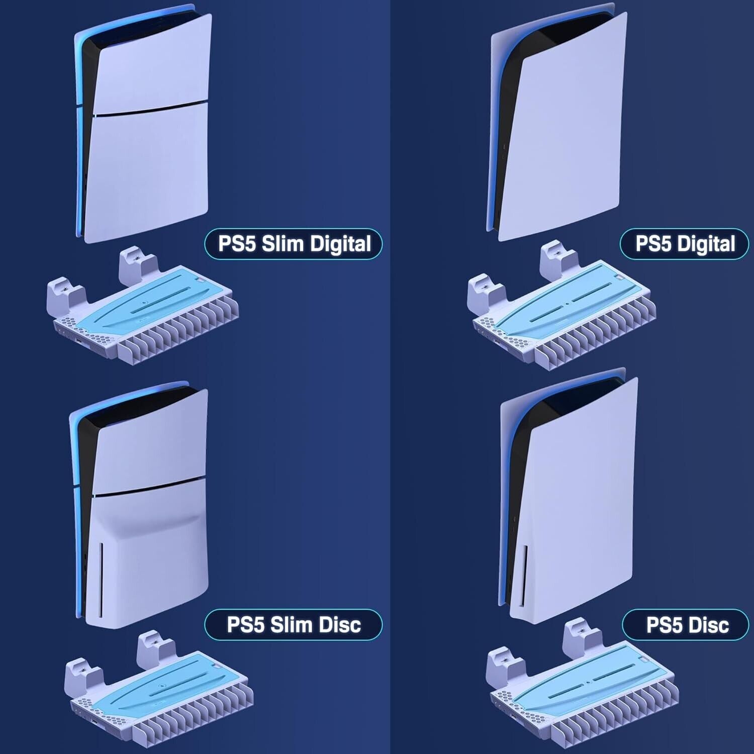 PS5 cooling stand with RGB lights for PS5 Slim Digital and Disc models, enhancing airflow and aesthetics