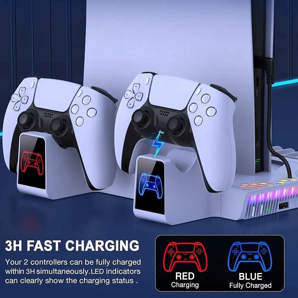 PS5 cooling stand with RGB lights and dual controller charging dock with LED indicators