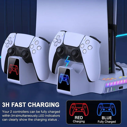 PS5 cooling stand with RGB lights and dual controller charging dock with LED indicators