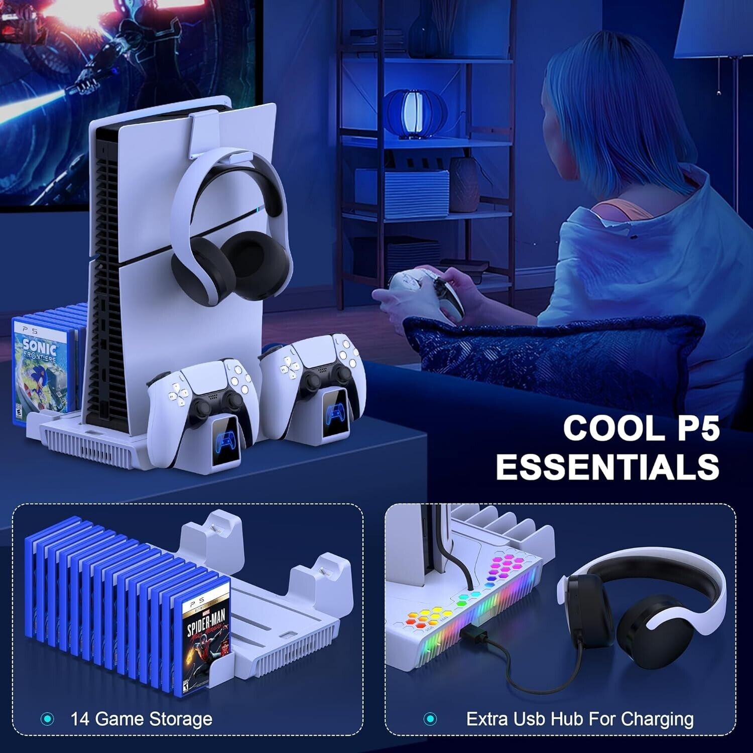 PS5 cooling stand with RGB lights featuring game storage and USB hub for charging