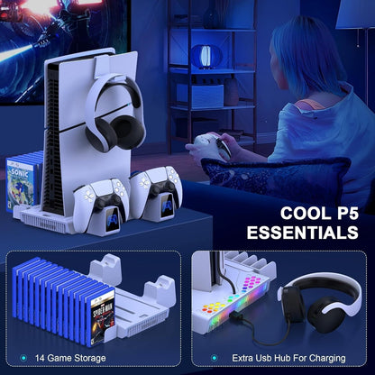 PS5 cooling stand with RGB lights featuring game storage and USB hub for charging